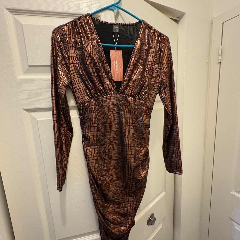SHEIN Shimmering Copper Long Sleeve Dress